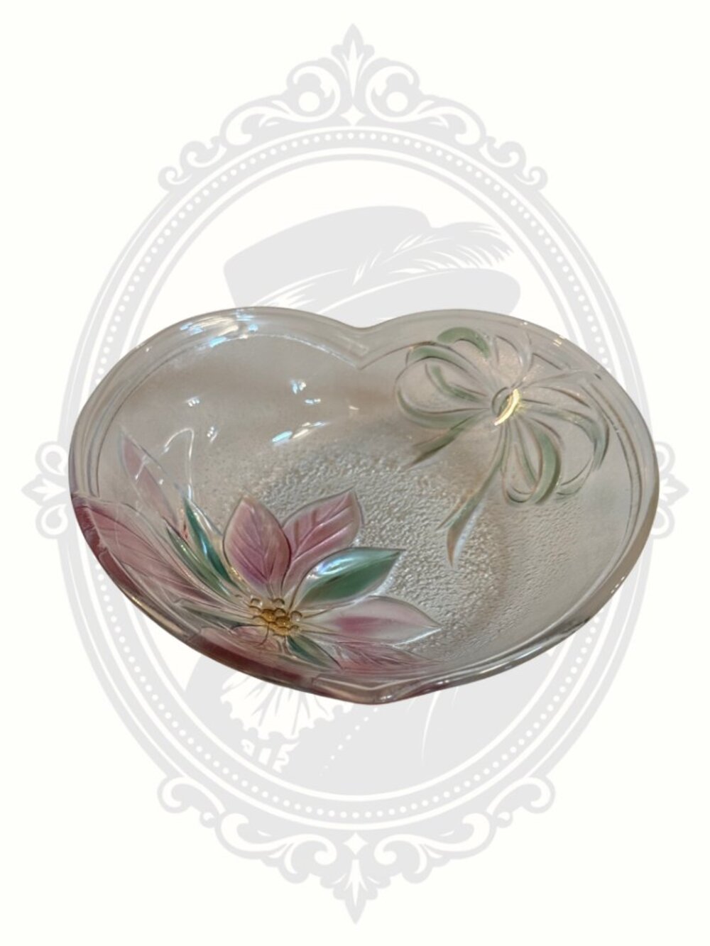 Vintage Floral Heart Glass Trinket Dish Frosted Candy Bowl - Picture 1 of 3